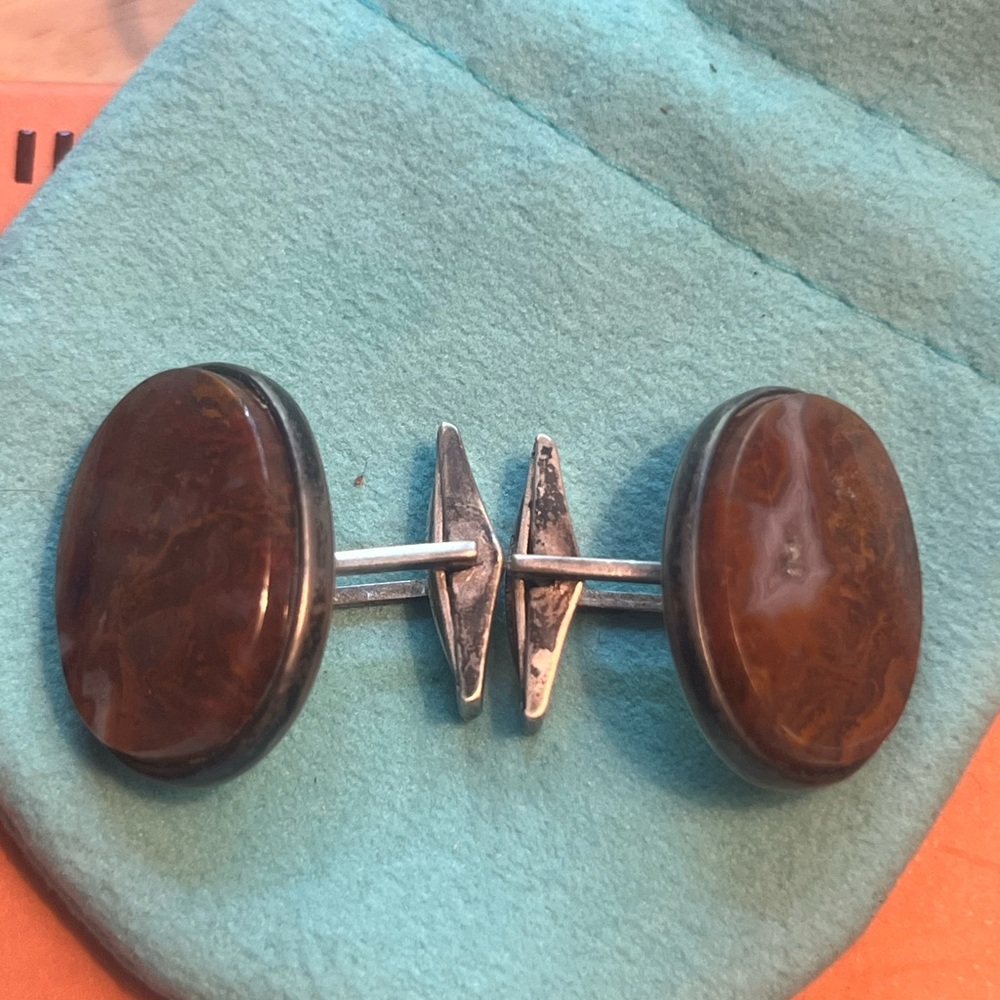 Elegant Vintage Cufflinks  Brown Stone Set in Silver
